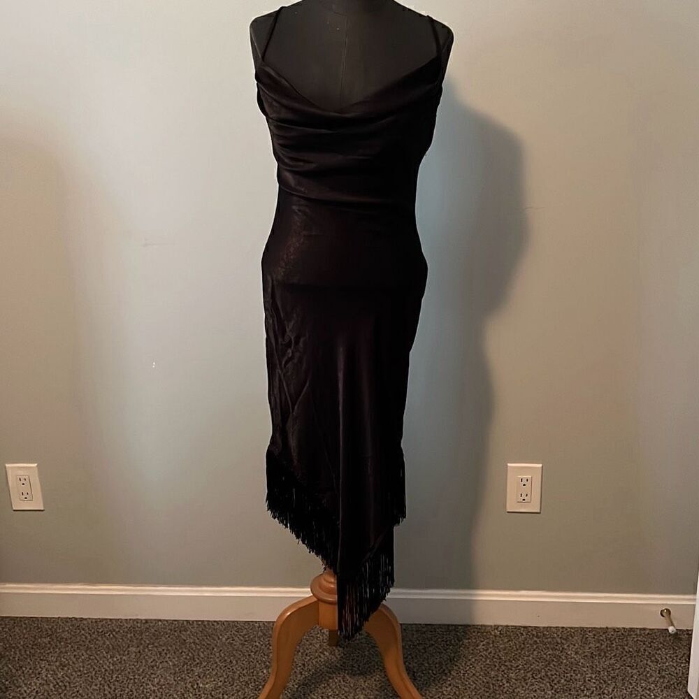 Thirty Thirty Women's Black Sleeveless Cowl Neck Fringe Asymmetrical Dress